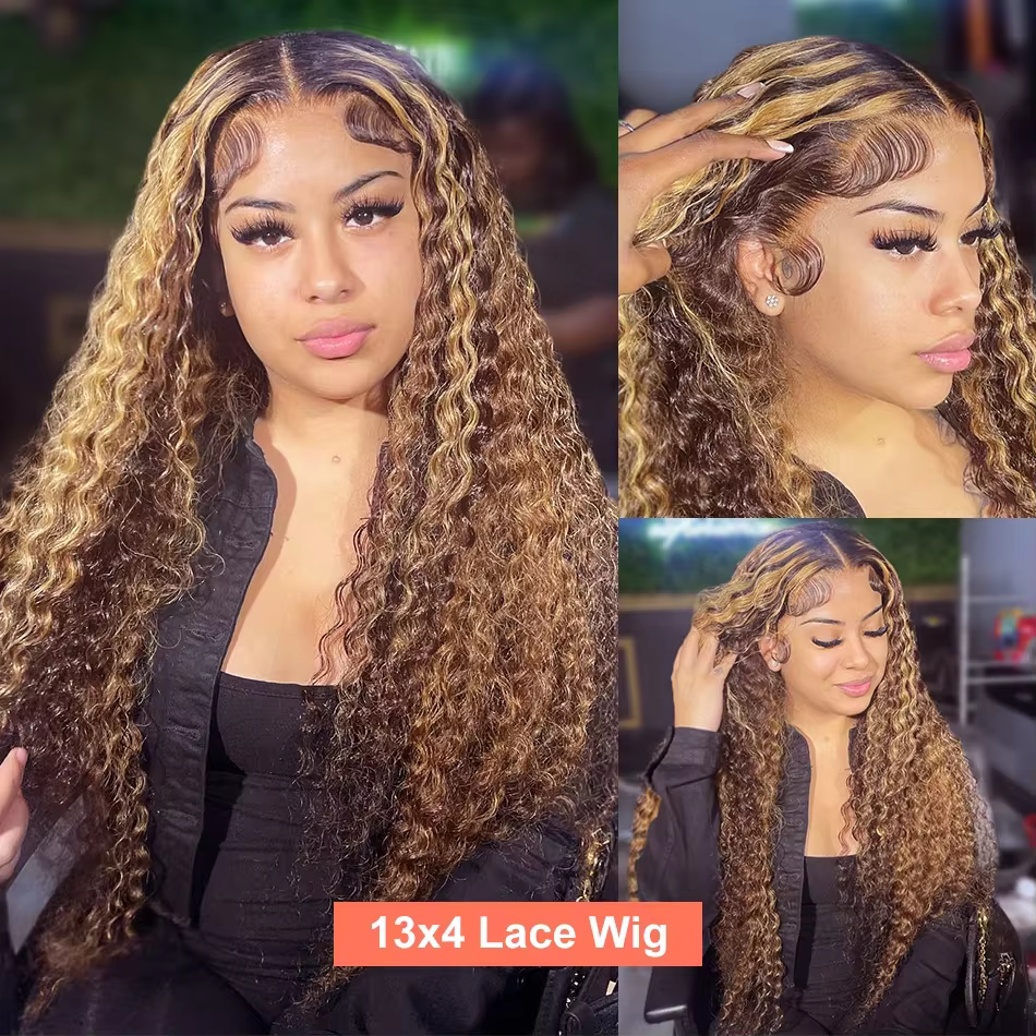 36 pouces bouclés mettre en évidence perruque cheveux humains 13x4 miel blond vague profonde femmes perruques coloré