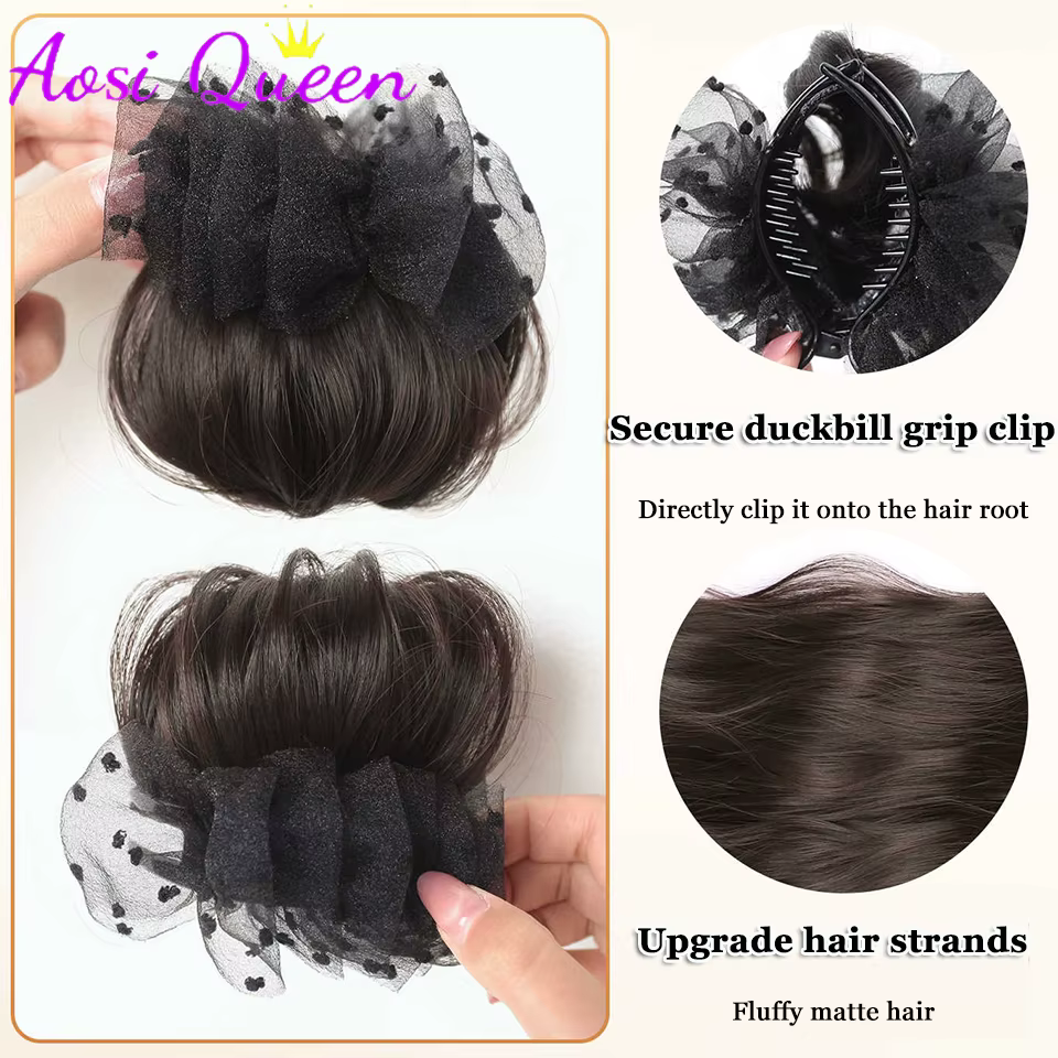 Extensions de chignon synthétiques avec pince à griffes et décoration en tulle