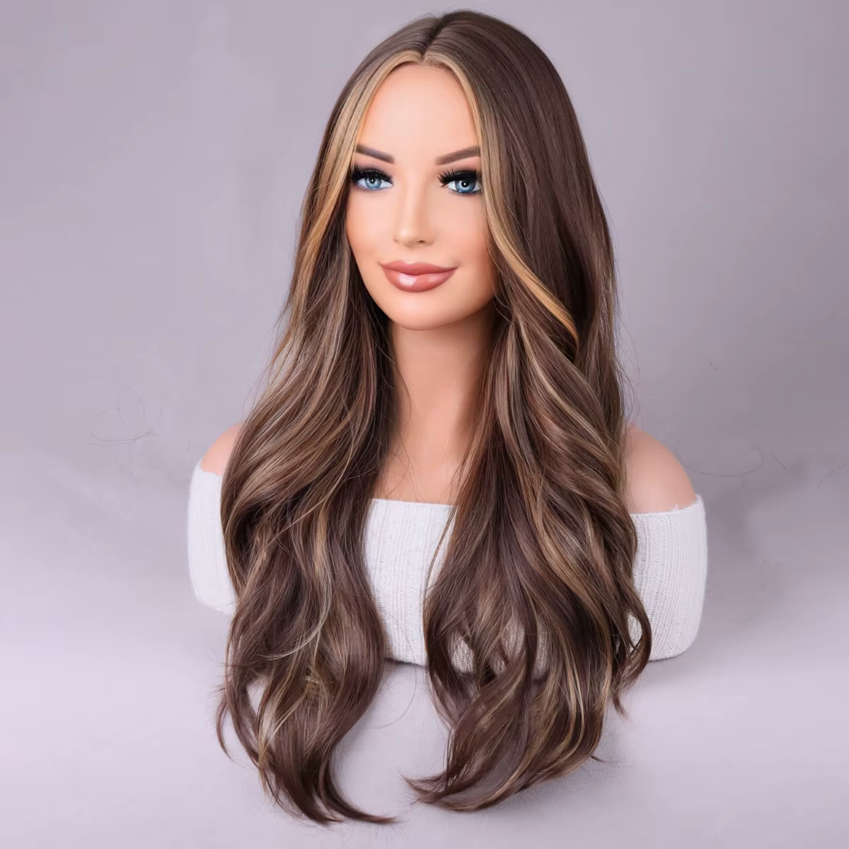 Perruque ondulée longue à reflets bruns mélangés pour femmes, perruque synthétique bouclée naturelle en Fiber résistante à la chaleur pour un usage quotidien
