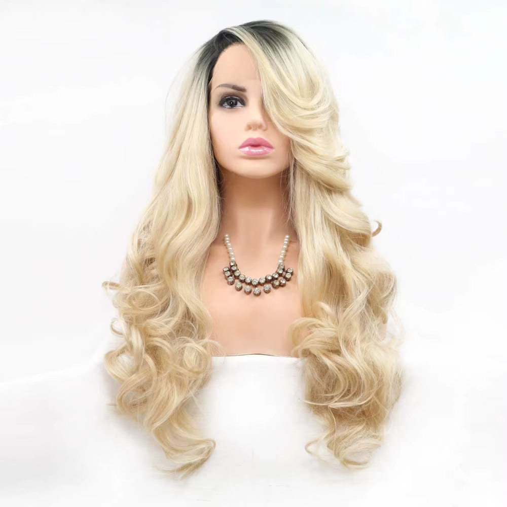 Mbre Blonde dentelle avant perruques longue corps ondulé mixte platine