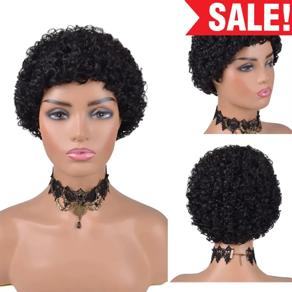 Perruques courtes afro bouclées crépues 100% cheveux humains pour femmes