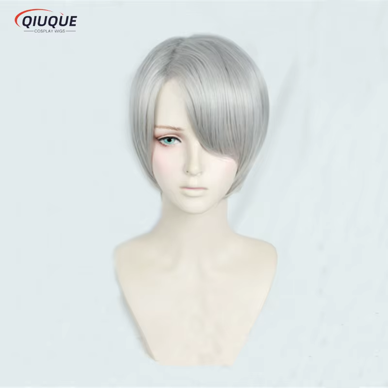 Perruque de Cosplay synthétique courte grise mixte