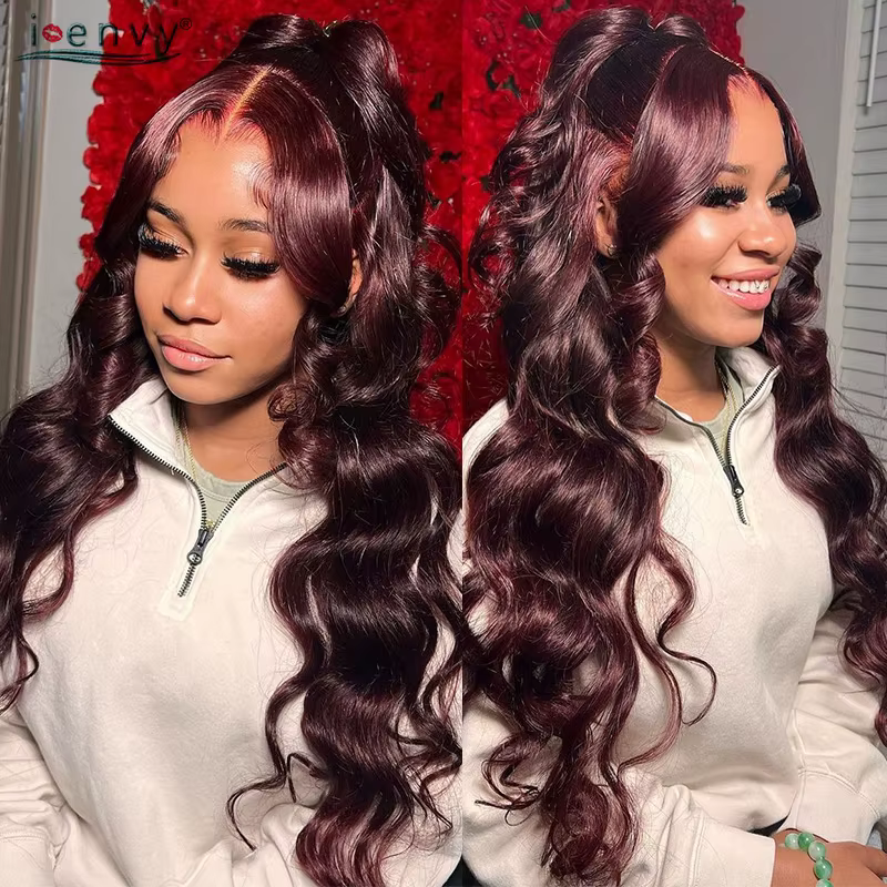 Perruques de cheveux humains bouclés bordeaux pour femmes