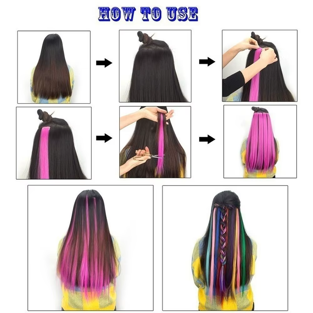 Extensions de Cheveux Lisses Multi-couleurs, Postiche à Clips, 55cm, 2 Pièces