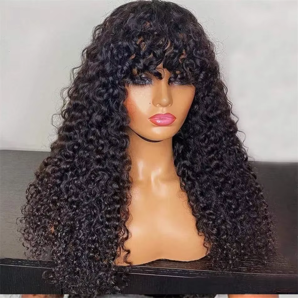Perruque brésilienne en cheveux humains ondulés avec frange, qualité 15A, fabriquée à la machine pour femmes noires, perruques bouclées à ondulations profondes à prix réduit en promotion