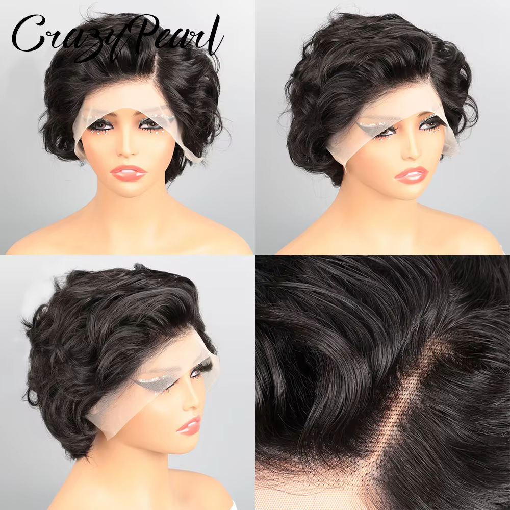 Perruque Lace Frontale CrazyPearl 13X4 Coupe Pixie Cheveux Humains Courts Bouclés Noirs Brésiliens Remy Ligne