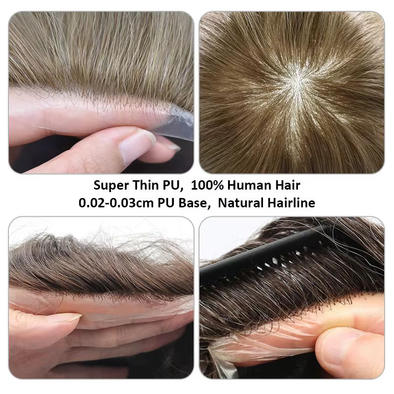 Full PU 0.02-0.03mm Vloop homme toupet indien perruques de cheveux humains peau Super mince hommes prothèse capillaire