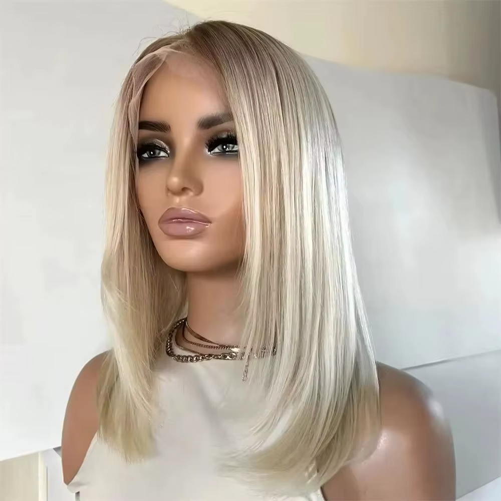 Perruque sans colle Lace Front Synthétique Ombré Blond Crème Clair avec Mèches