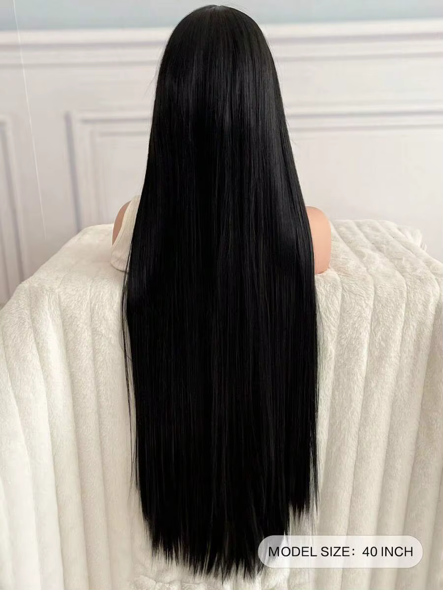 Perruque synthétique noire super longue de 40 pouces pour femme avec cheveux longs et raides sans frange au milieu convient à la partie d'Halloween