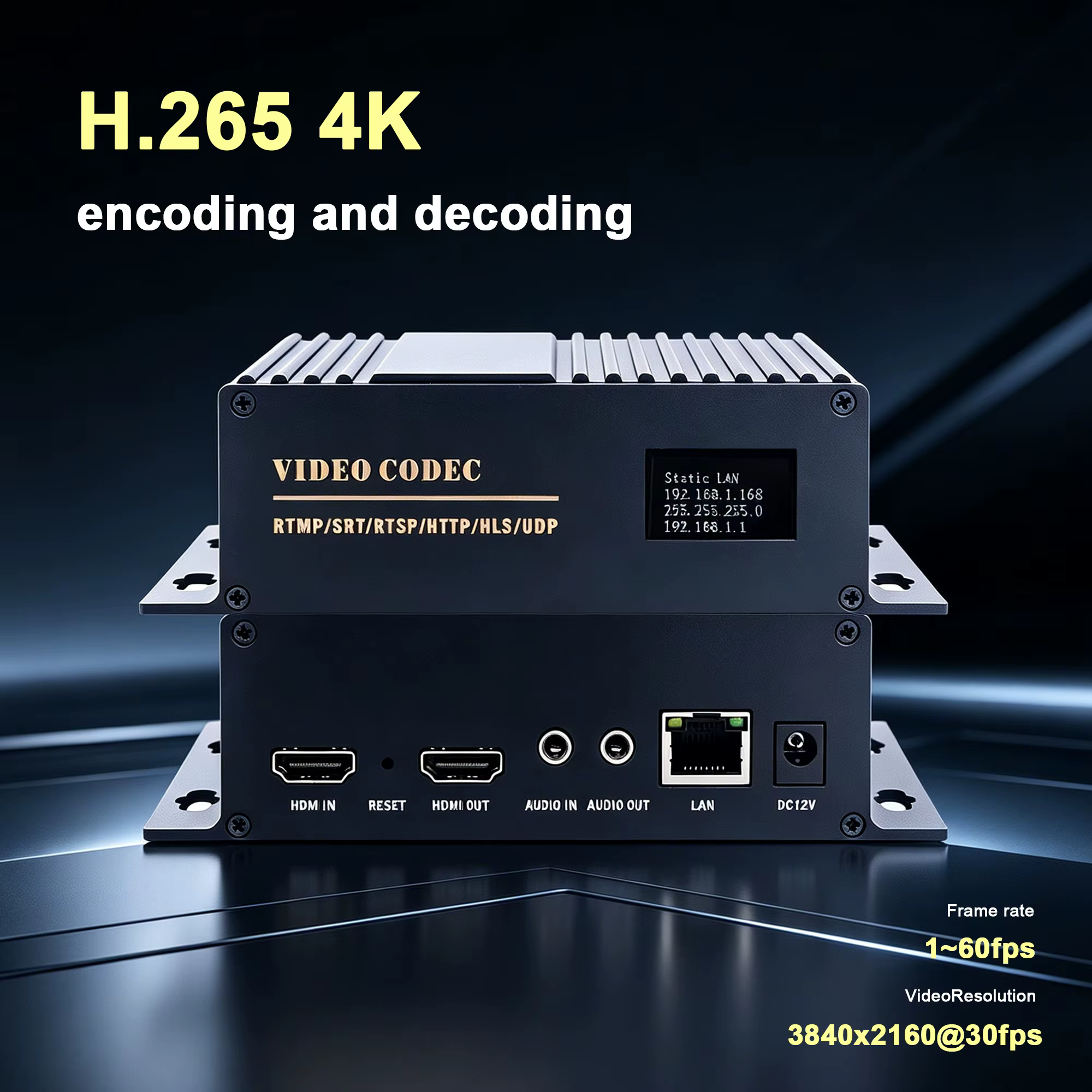 Codec vidéo HD H.265, encodeur-décodeur vidéo HD 4K vers IP, prend en charge la sortie HD en boucle ou la sortie HD décodée, écran OLED