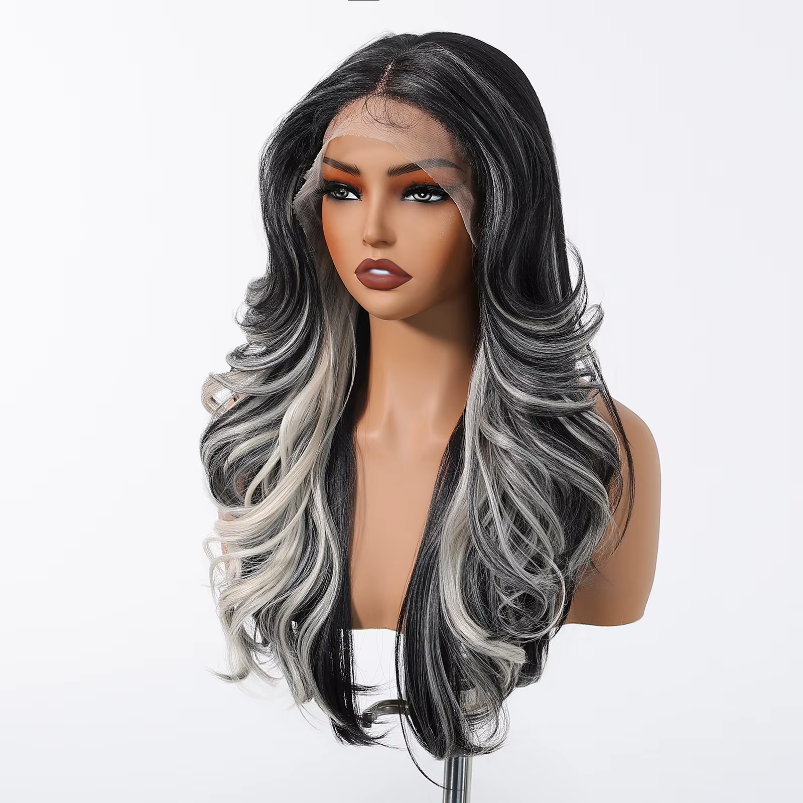 HENRY MARGU perruque Lace Front Wig synthétique longue ondulée noir blanc mettre en évidence