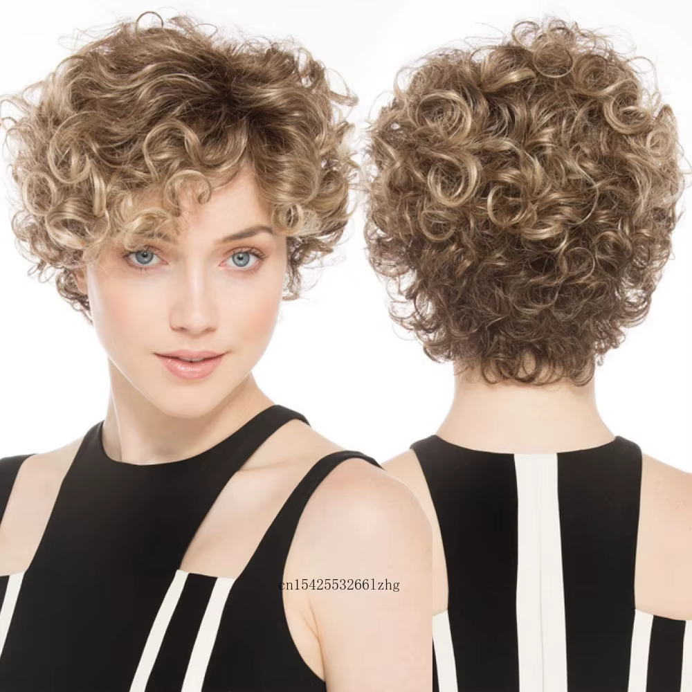 Perruques synthétiques pour femmes cheveux courts bouclés mélange perruque blonde avec frange coiffure naturelle maman