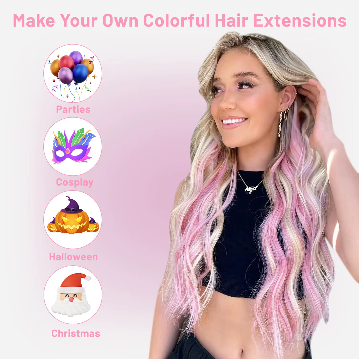 6 Pièces Extensions de Cheveux Noirs 22 Pouces Bouclées Ondulées Colorées à Clipser pour Enfants Filles Synthétiques – Idéales pour les Fêtes