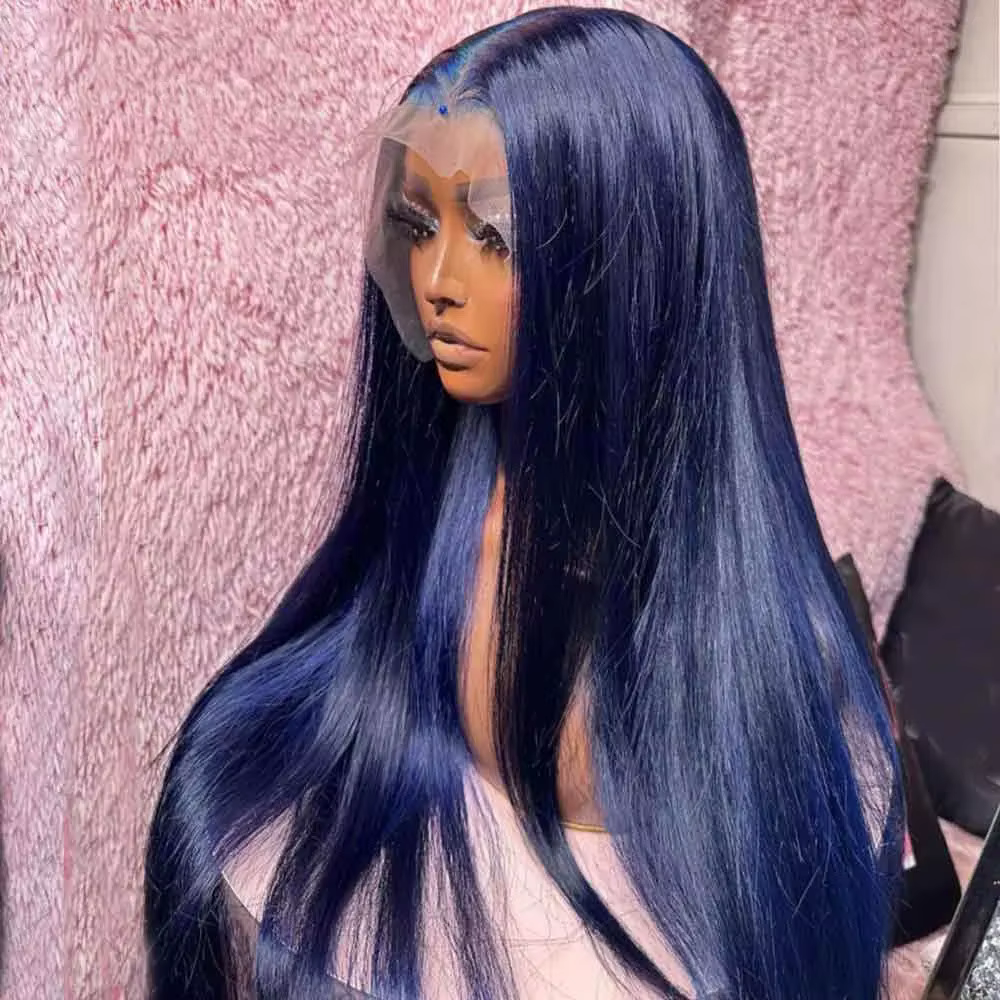 Perruque bleu nuit longue et droite avec dentelle frontale 13x4 HD