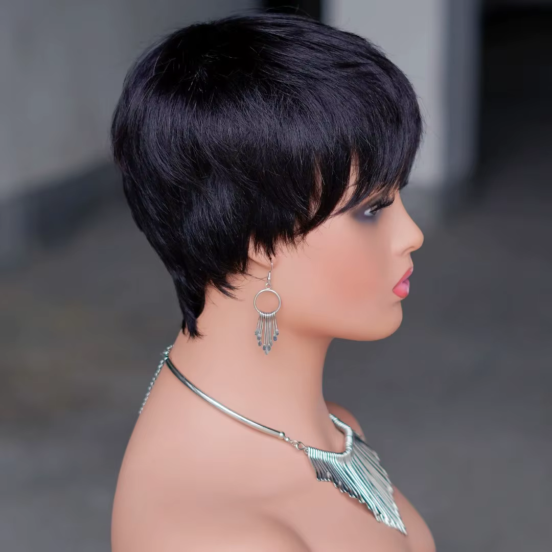 Perruque synthétique courte noire naturelle de style pixie