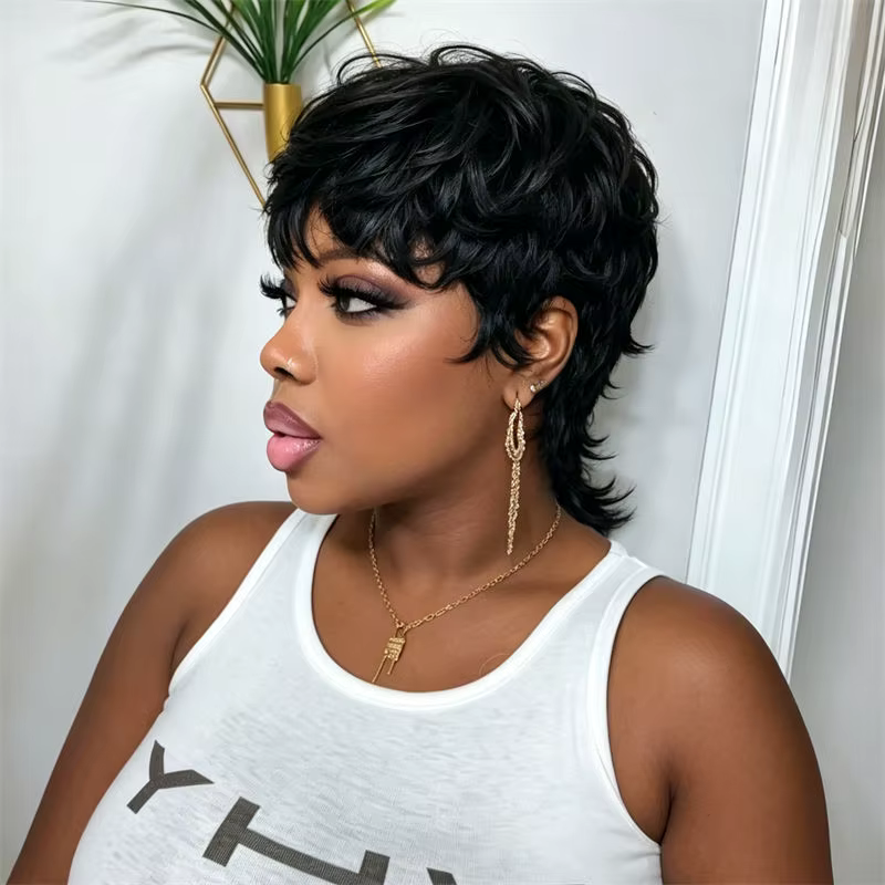 Perruque Mullet Pixie Cut noire naturelle