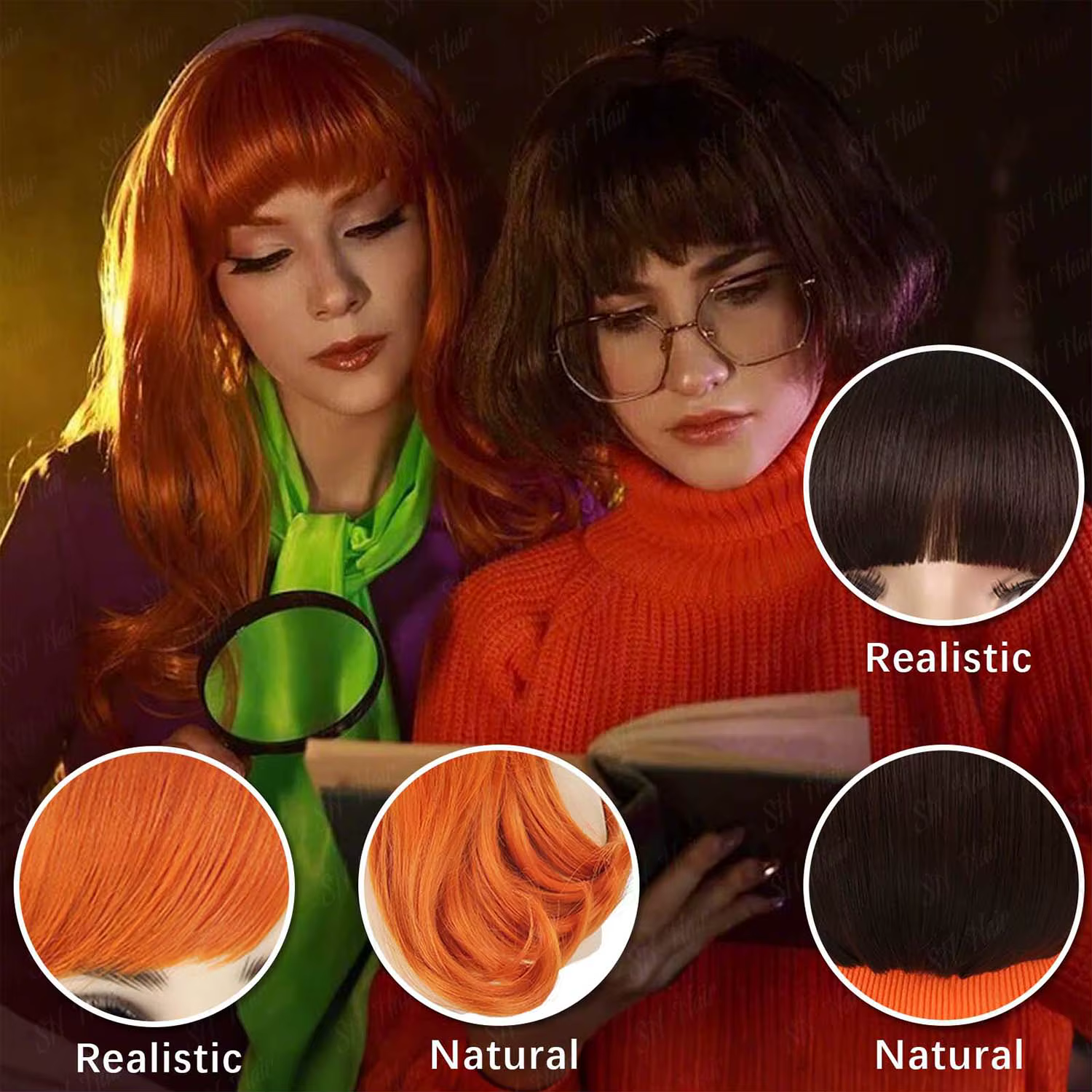 Perruque synthétique longue bouclée Orange + bandeau violet Daphné