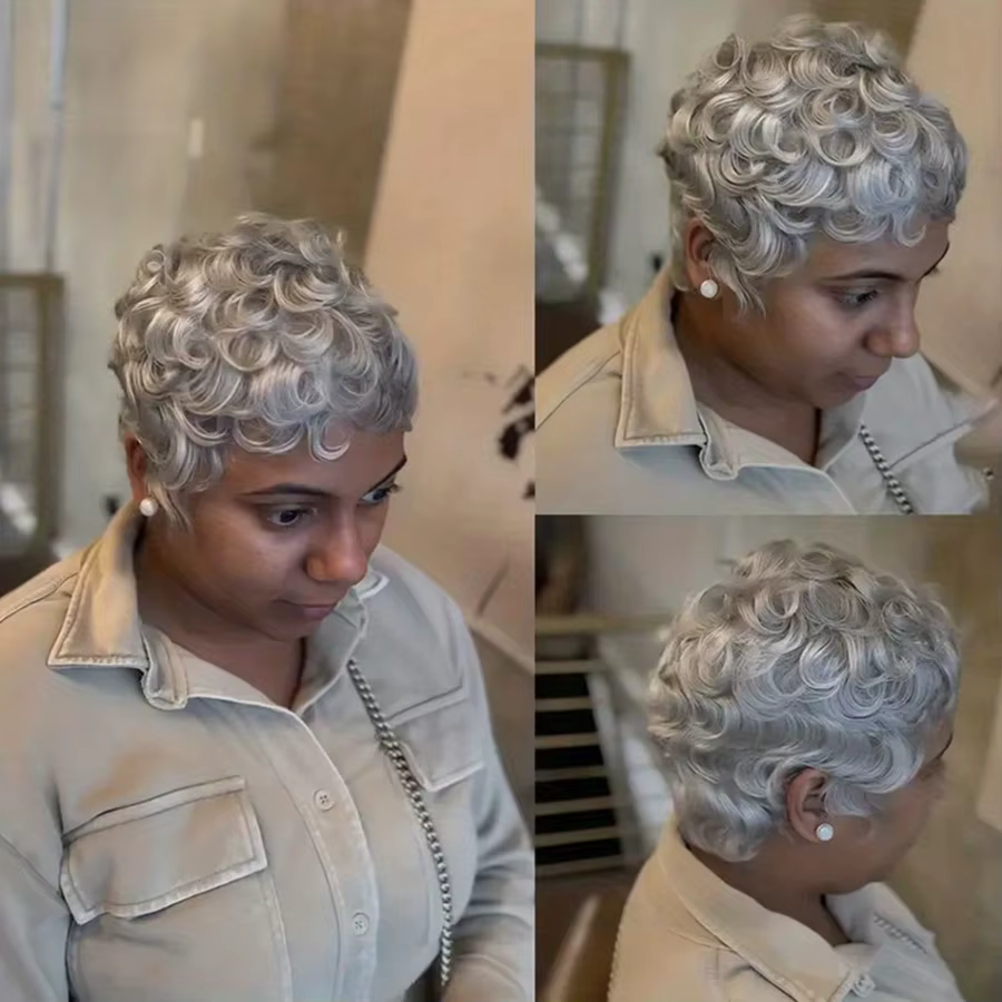 Perruque de cheveux humains gris Pixie entièrement fabriquée à la machine