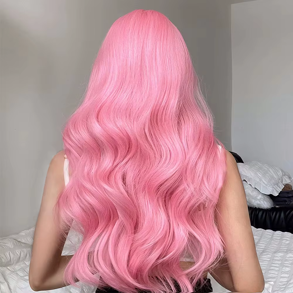 Perruque synthétique rose avec grandes vagues pour fête d'Halloween