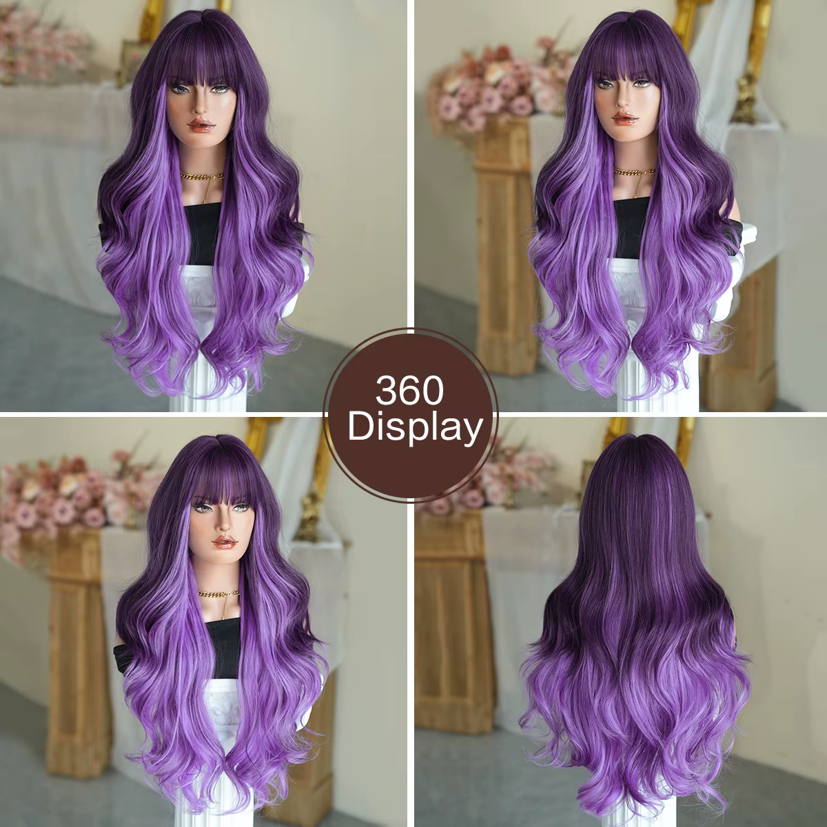 NAMM Halloween Costume perruque synthétique corps lâche ondulé violet perruques avec frange soignée noir dégradé haute