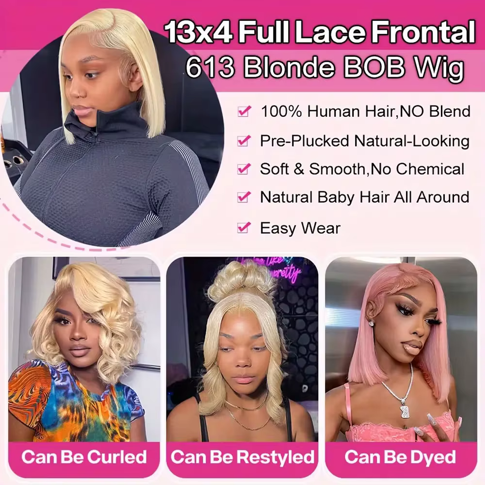 613 Blonde courte Bob perruque 13x4 HD Transparent dentelle frontale