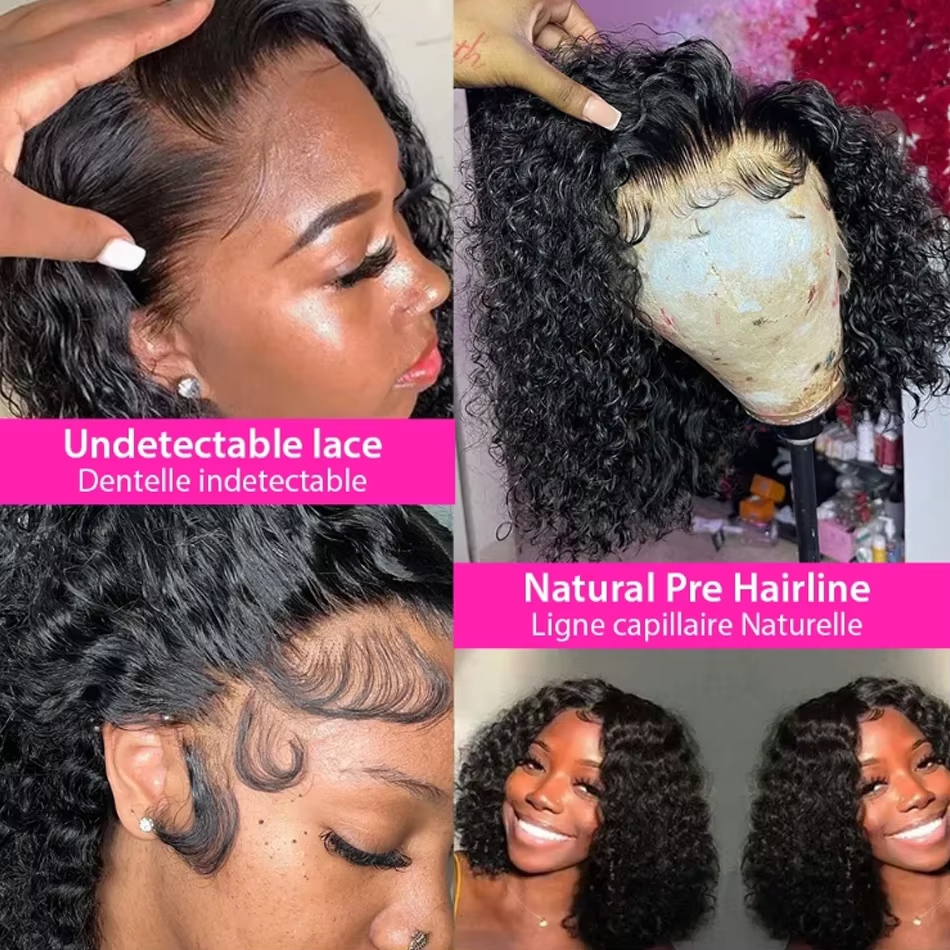 Perruques sans colle 100% cheveux humains, perruques courtes bob ondulées, perruques frontales en dentelle HD 13x4 pré-épilées, bouclées profondes, prêtes à porter, en promotion
