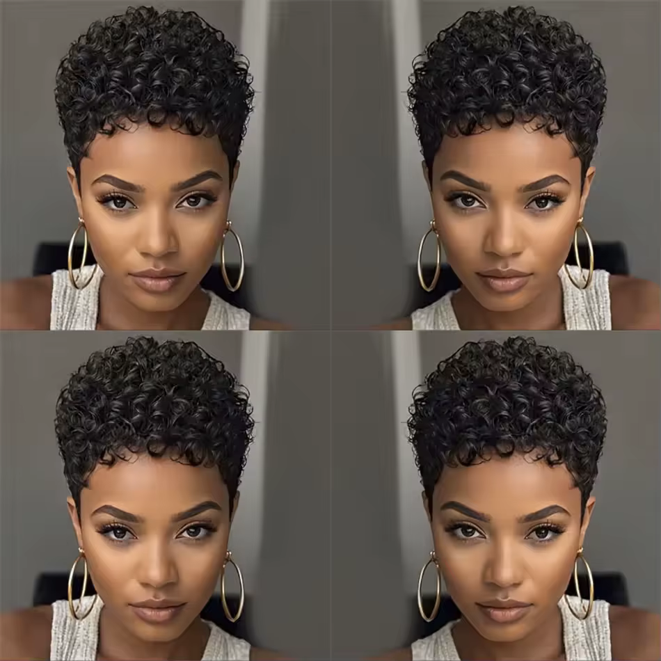 Perruque de cheveux humains courte coupe lutin sans colle