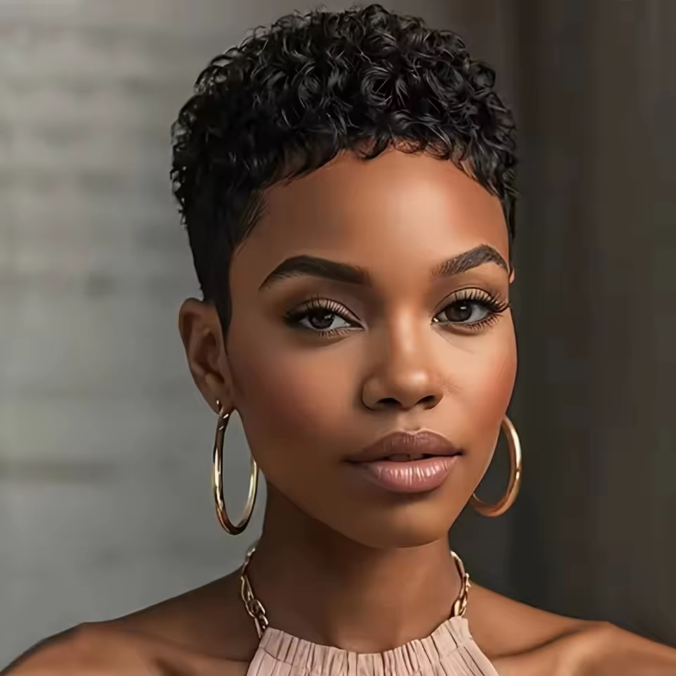 Perruque de cheveux humains courte coupe lutin sans colle