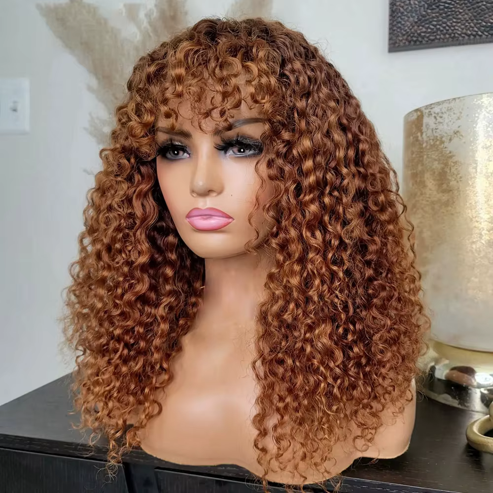 Perruque blonde miel bouclée crépue avec frange pour femme, perruque machine sans colle, cosplay haute température, noir naturel, 26 po de long, 03/3