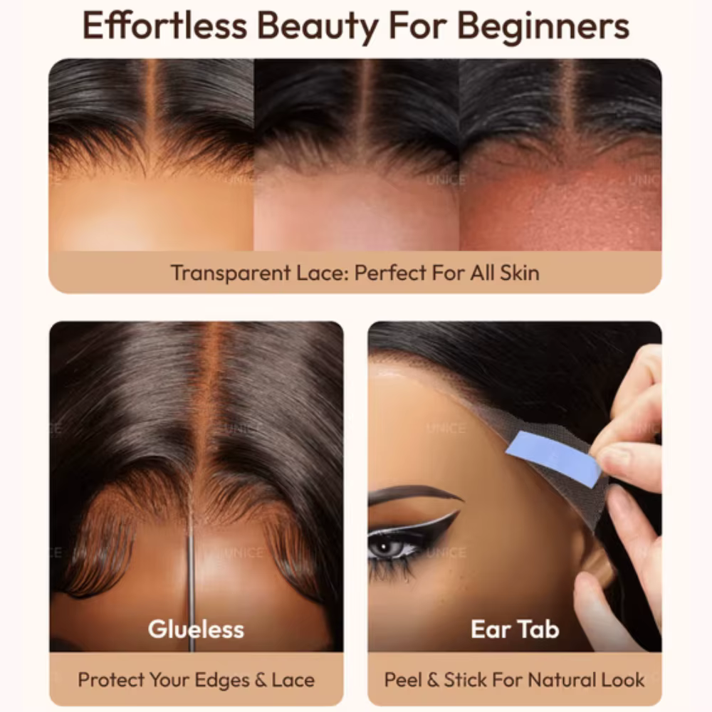 UNice Bye-Bye Slip ™   Perruque 13x4 Lace Frontal Couleur Bronde avec Mèches Blond Miel Ondulées Effet Mouillé 100% Cheveux Humains Sans Colle