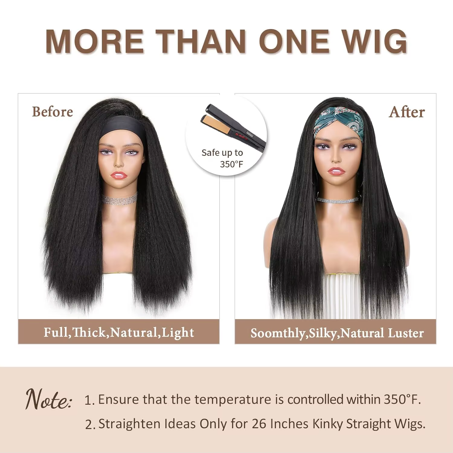 Perruque synthétique Yaki lisse et crépue pour femmes, perruque avec bandeau noir, facile à coiffer, sans dentelle frontale, sans colle