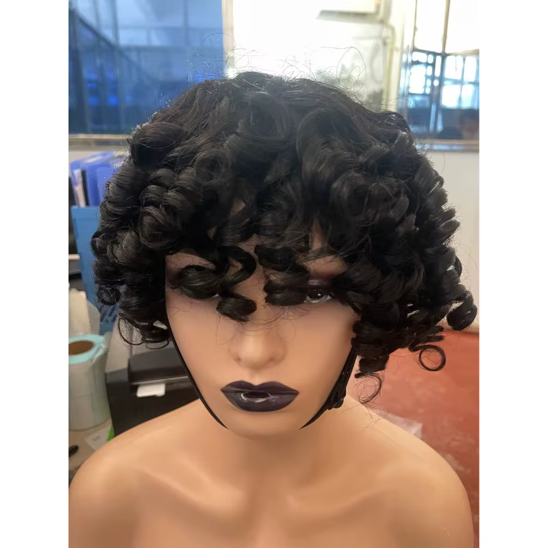 Perruque courte bouclée de cheveux humains