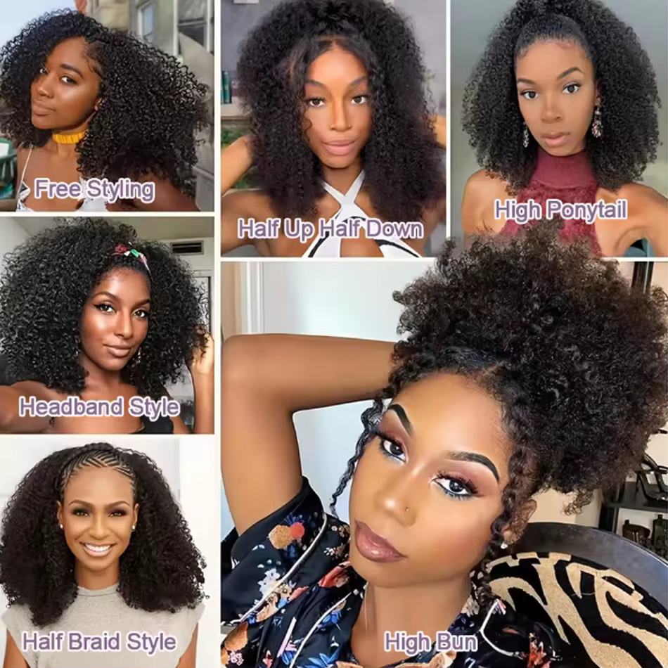 Perruque mi-tête bouclée crépue en cheveux humains
