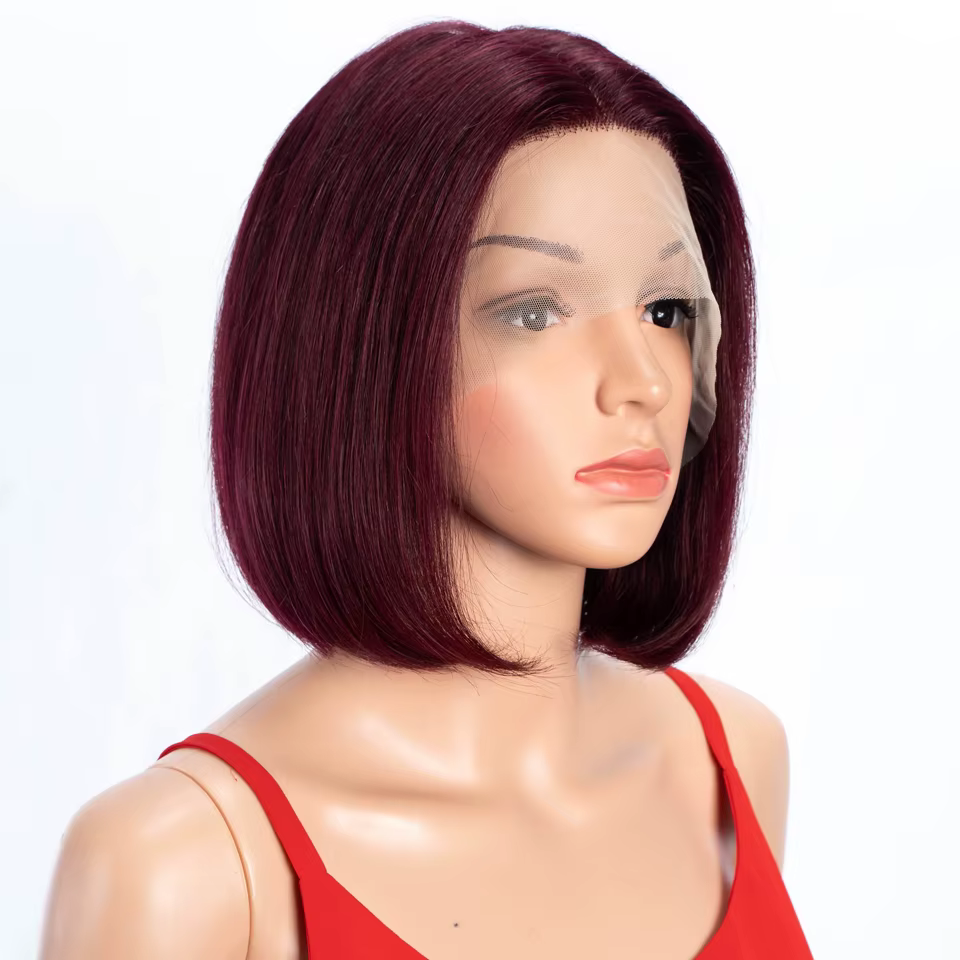 Perruques Lekker Burgundy en solde, 100% cheveux humains, courtes, lisses, coupe bob, raie au milieu, Lace Front pour femmes, cheveux brésiliens Remy, sans colle