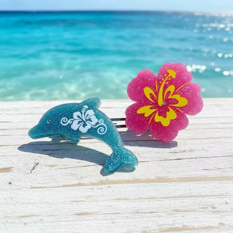Barrettes à cheveux en forme de dauphin bleu scintillant avec fleur d'hibiscus rose et motif tropical