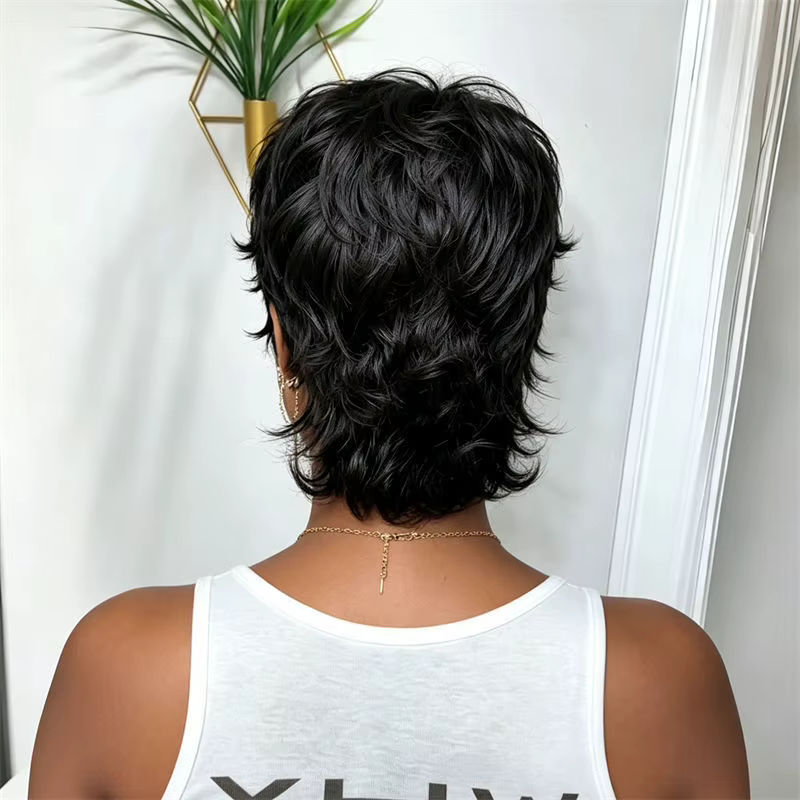 Perruque Mullet Pixie Cut noire naturelle