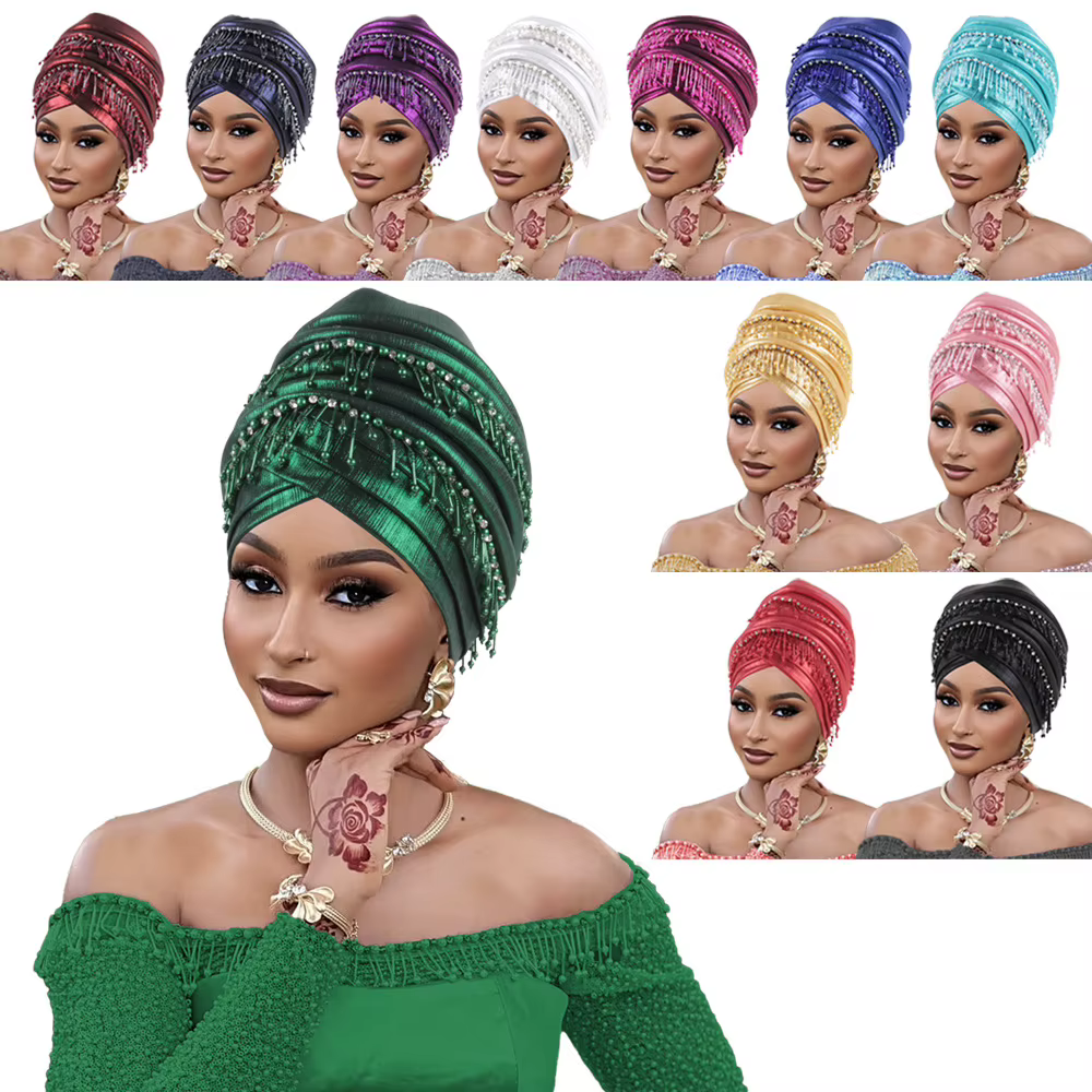 Couvre-chef africain femmes perles glands Turban casquette mariage nigérian Auto Gele fête casque tête enveloppement Hijab Bonnet chapeau coiffure