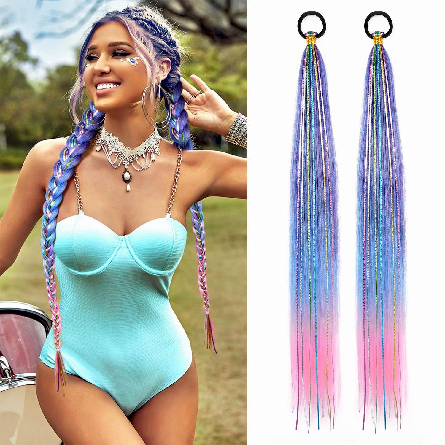 26 pouces cheveux Tinsel couleur tressé queue de cheval Extension 1/2 Pack bleu rose dégradé Extensions