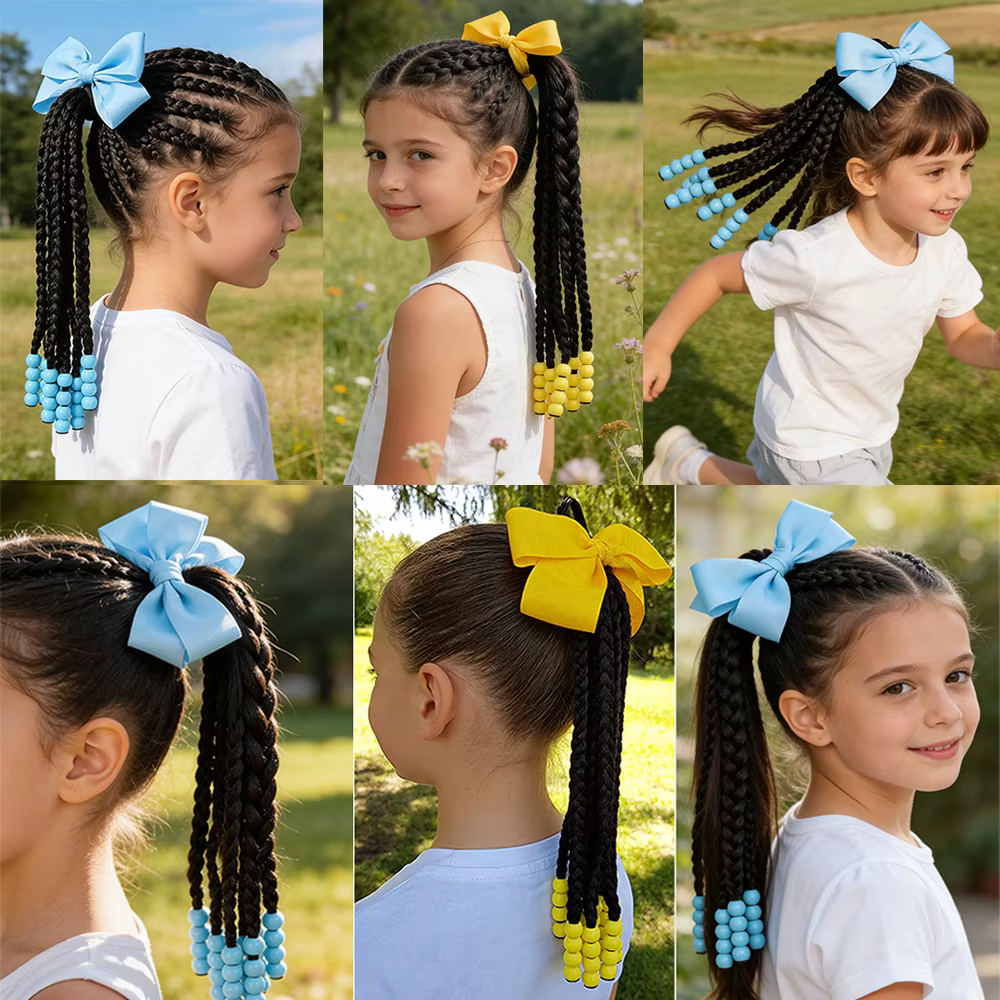 Extensions de cheveux tressées pour enfants avec perles et nœuds