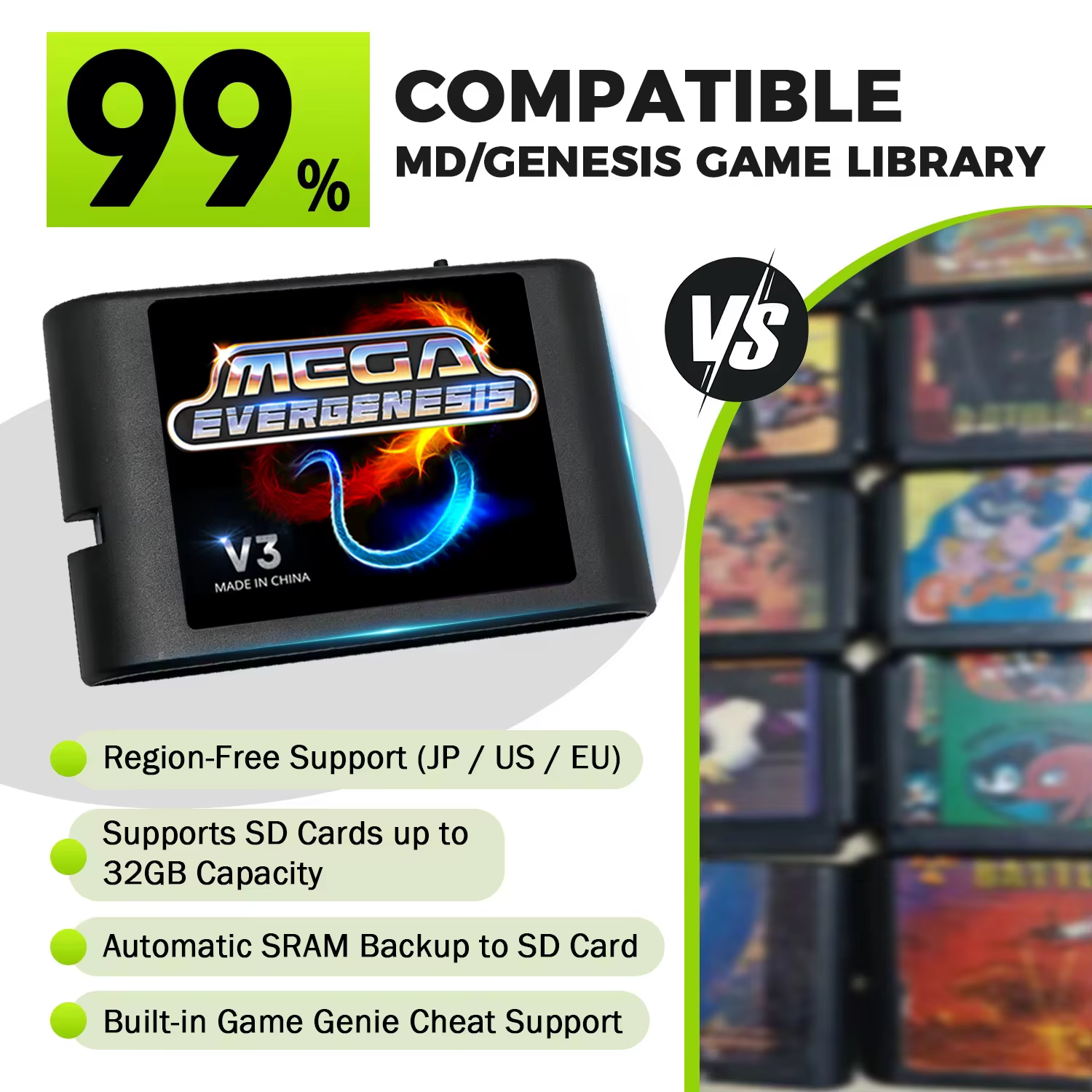 Cartouches de jeu avancées MEGA MD V3 Pro EDMD 3000 en 1 FlashCard pour console de jeu vidéo SEGA Genesis Mage Drive 16 bits