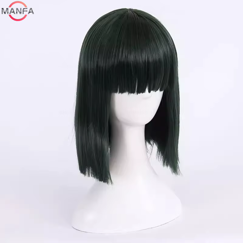 Fubuki Cosplay perruque filles résistant à la chaleur cheveux synthétiques vert profond Bobo perruques + bonnet