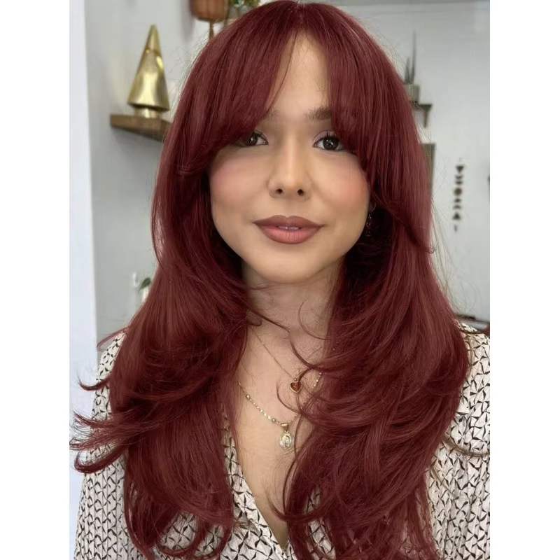 24" Wine Red Long Layered Synthetic Wig With Curtain Bangs