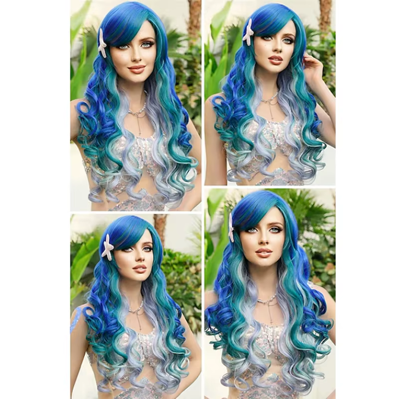 HAIRJOY Perruque synthétique longue ondulée bleu-vert style sirène