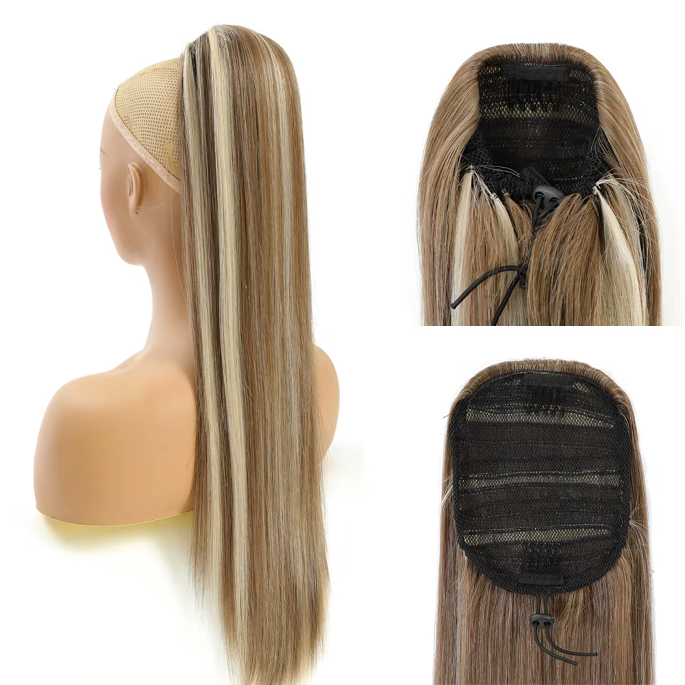 28 pouces queue de cheval droite Blonde 27/613 Extensions de cheveux avec Clips Ombre brun cordon coloré Bio haute température synthétique