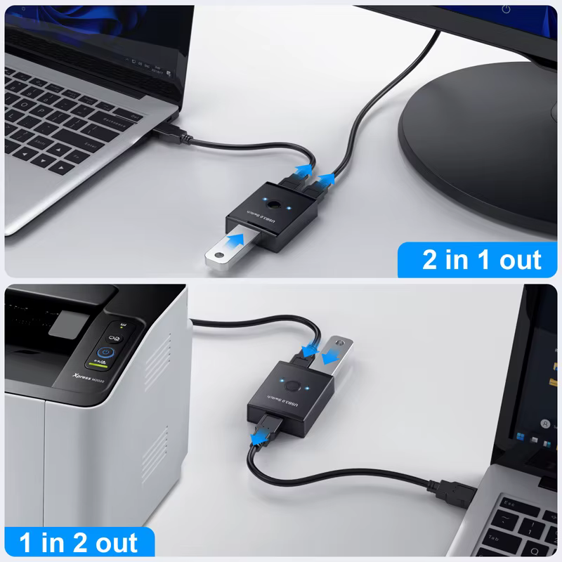 Commutateur USB 3.0 1x2/2x1, Hub USB bidirectionnel, commutateur USB 3.0, extension USB 3.0, contrôleur partagé pour PC, ordinateur portable