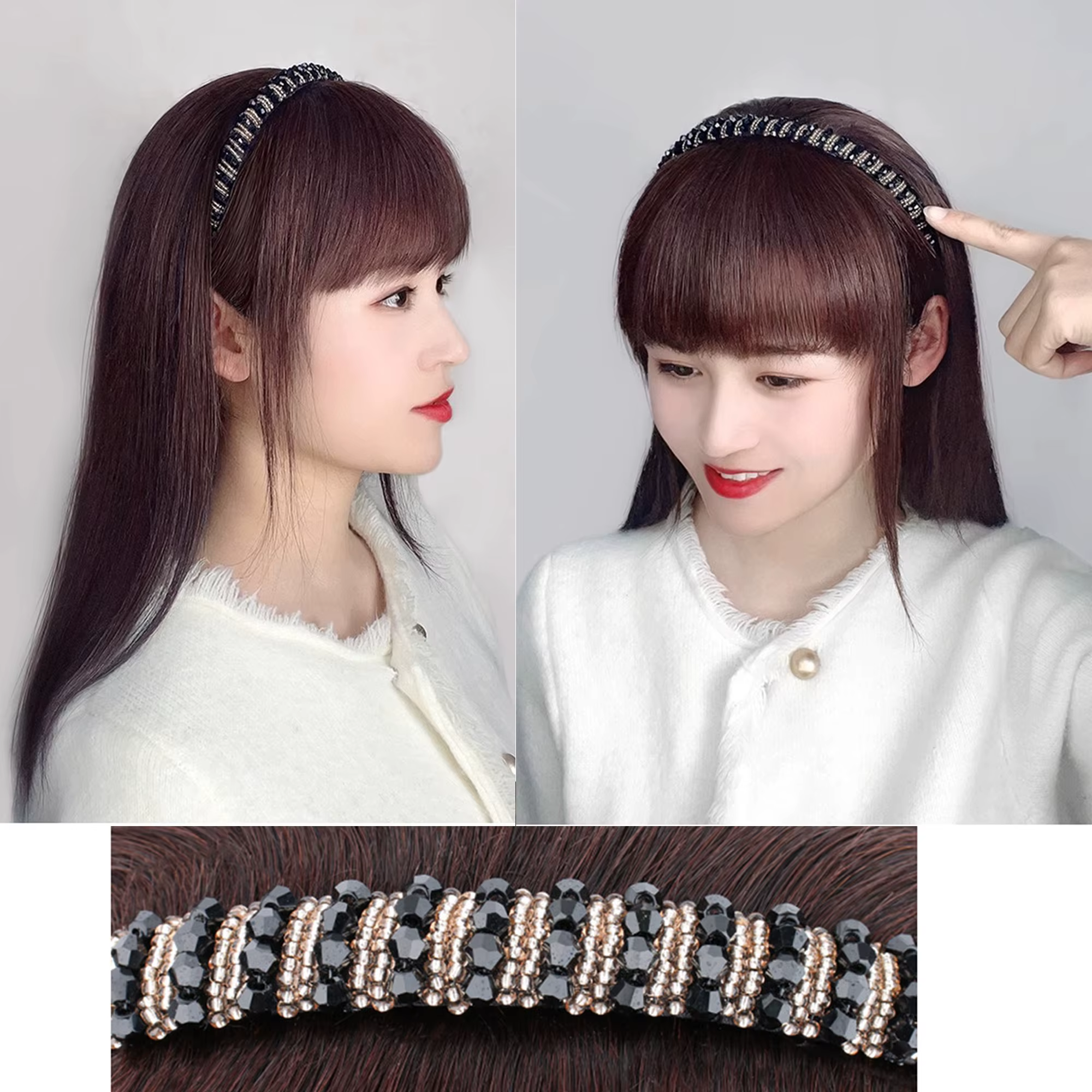 Frange synthétique courte et droite avec bandeau en strass