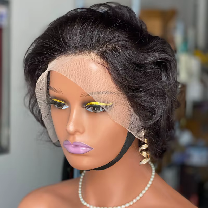 200% densité haute qualité bouclés coupe lutin 13x4 dentelle frontale ondulée perruques cheveux humains vierges doux aspect naturel facile Style confort