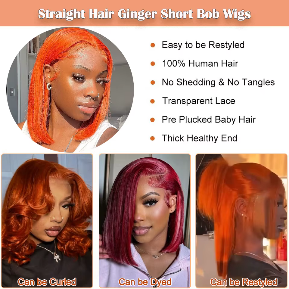 Perruque Bob en Cheveux Humains Gingembre