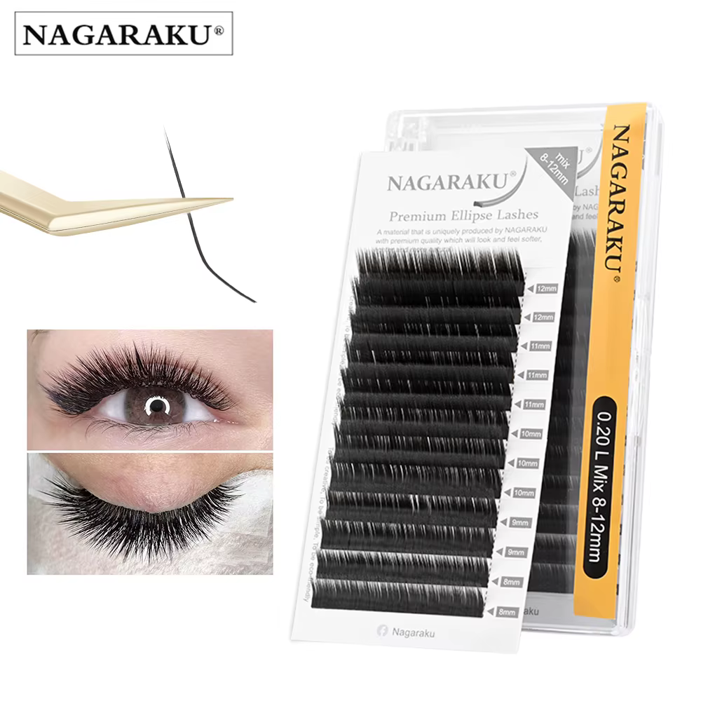 NAGARAKU gris charbon Ellipse Extension de cils 10 plateaux Lot 12 lignes Super doux naturel Premium