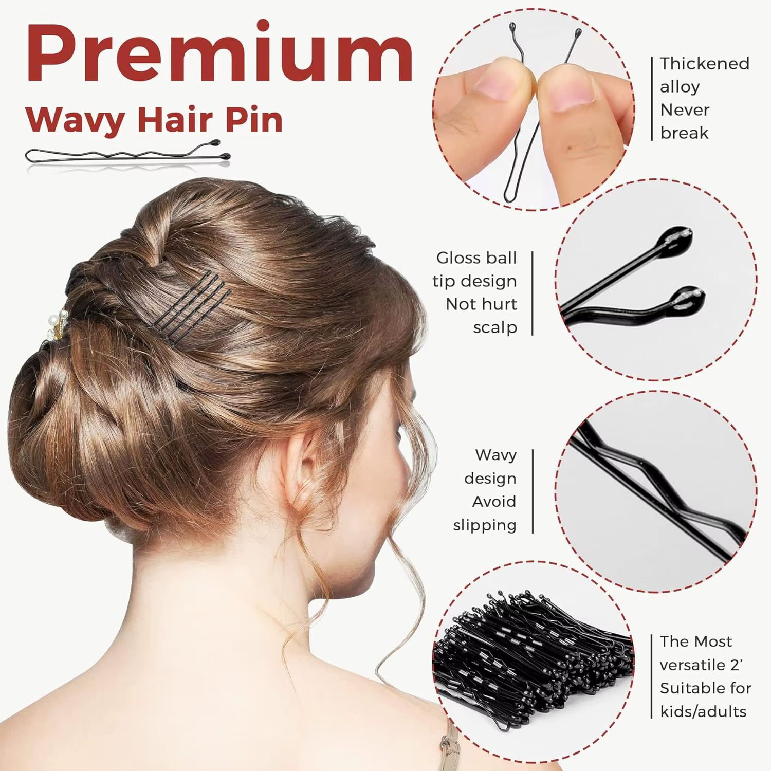 Épingles à cheveux noires ondulées de qualité supérieure